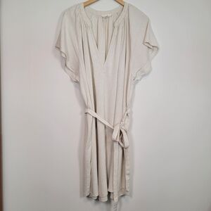 H&M Linen Blend Peasant Dress V Neck Sz XL Tie Waist Flutter Sleeves Boho EUC